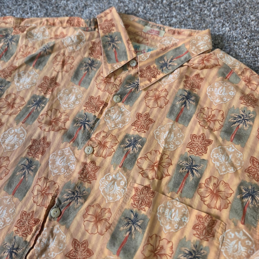 Reyn Spooner Regency Cotton Lawn Hawaiian Shirt Men XL Palm Tree Hibiscus Orange